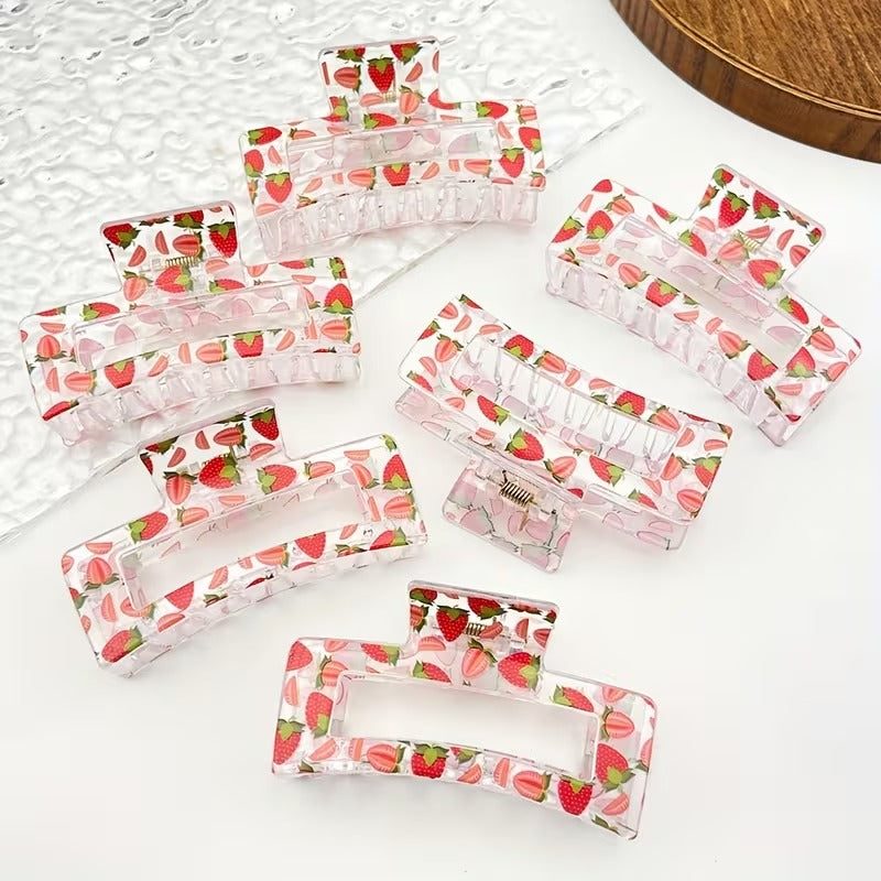 Strawberry Hair Clip Set – 6-Piece Square Claw Clips for Girls & Women